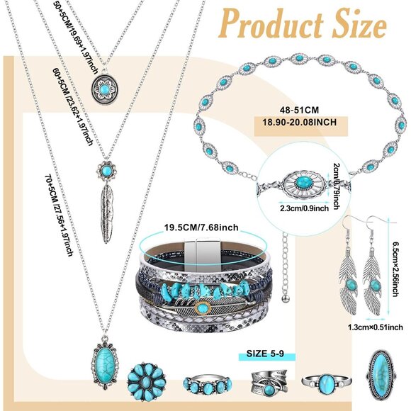 9 Pcs Western Turquoise Jewelry Set Necklace Earrings Rings Waist Chain - Picture 3 of 6